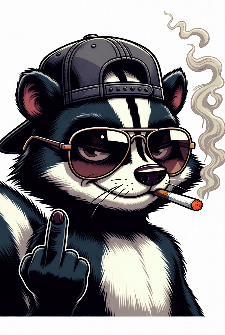 Skunkwirx mascot — a punk skunk in aviators with a backwards cap and a cigarette